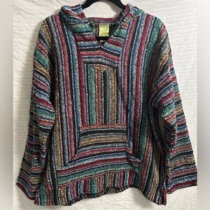 Franks Textiles Vtg Baja Hoodie Poncho Sweater Hippie Multicolor Striped Size XL